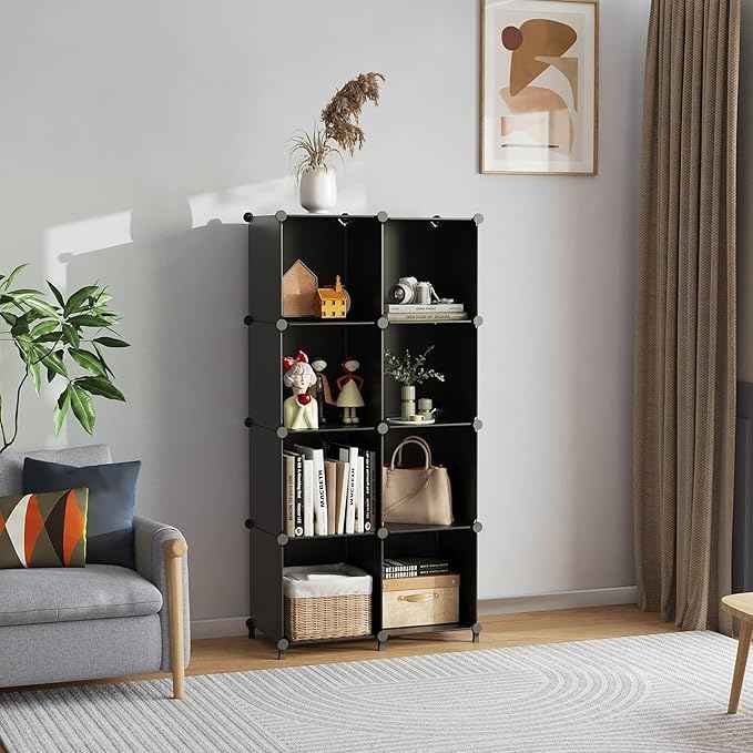 AWTATOS 8 Cube Storage Organizer, Closet Organizer Storage Shelf, Bookcase Bookshelf, DIY Stackable Storage Cubes Shelves for Closet, Bedroom, Home, Office, Black