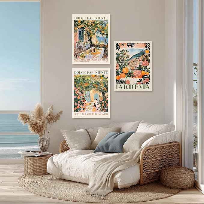 Cyebmo Framed Italy Travel Wall Art set of 3, Trendy Amalfi Coast Wall Decor, Italian Food Wrapped Canvas Artwork, Vintage Italian City Poster Prints for Bedroom Dining Room Living Room 16"x24"x3