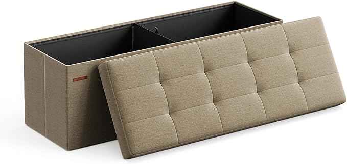 SONGMICS MAZIE Collection - 43 Inches Folding Storage Ottoman Bench, Ottoman Foot Rest, End of Bed Bench, Storage Chest, Load 660 lb, for Living Room, Bedroom, Entryway, Camel Brown ULSF077R01