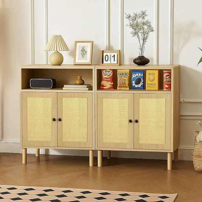 Rattan Storage Cabinet, Boho Accent Cabinet with Double Doors, Small Freestanding Sideboard for Hallway, Laundry Room,Kitchen, Dining Room, Entryway (Oak)