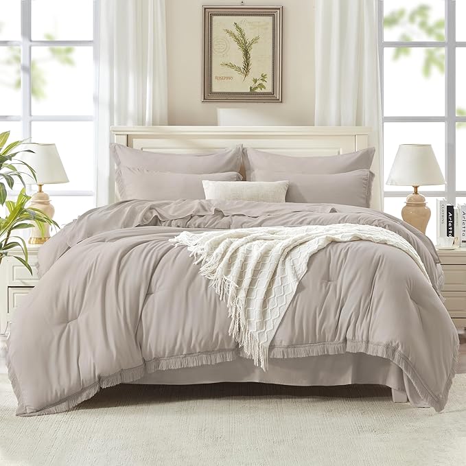 Andency King Size Comforter Set with Sheets Heather Grey - 7 Pieces Bed in a Bag Boho Soft Lightweight Bedding Sets, Tassel Bed Set with Comforter, Sheets, Pillowcases & Shams