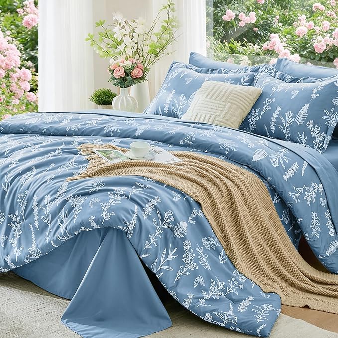 MUXHOMO Ice Blue Bed in a Bag Queen 7 Pieces, Queen Comforter Set Reversible Botanical Flowers Design, Ultra Soft & Breathable Bedding Sets with Comforter, Sheets, Pillowcases & Shams