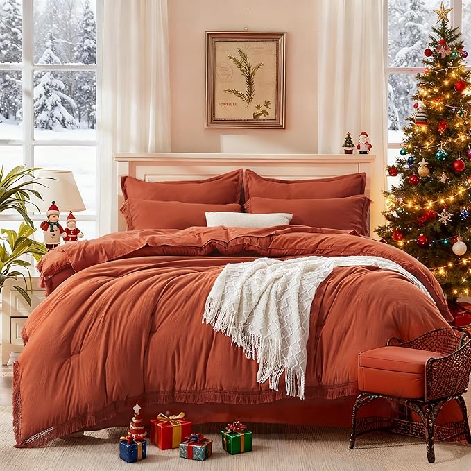 Andency King Size Comforter Set with Sheets Burnt Orange - 7 Pieces Bed in a Bag Boho Soft Lightweight Bedding Sets, Terracotta Rust Tassel Bed Set with Comforter, Sheets, Pillowcases & Shams