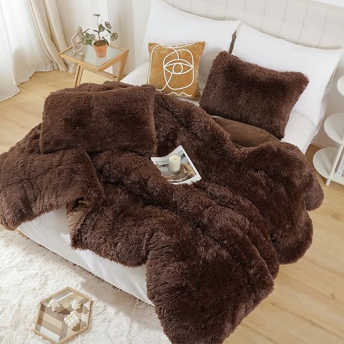 Smoofy Fluffy Queen Comforter Set, Faux Fur Comforter Set Queen Size, Luxury Fuzzy Bedding Set, Soft Shaggy Bed Set for All Season, 3 Pieces - 1 Comforter & 2 Pillowcases, Coffee