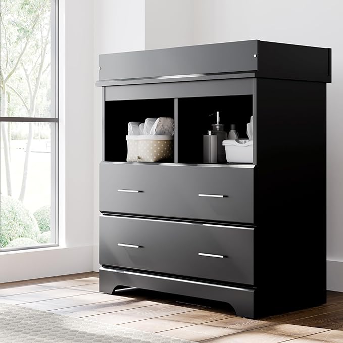 Storkcraft Brookside 2 Drawer Changing Table Dresser (Black) – GREENGUARD Gold Certified Baby Dresser with Changing Table Top, Baby Changing Table Dresser, Includes Interlocking Drawer System