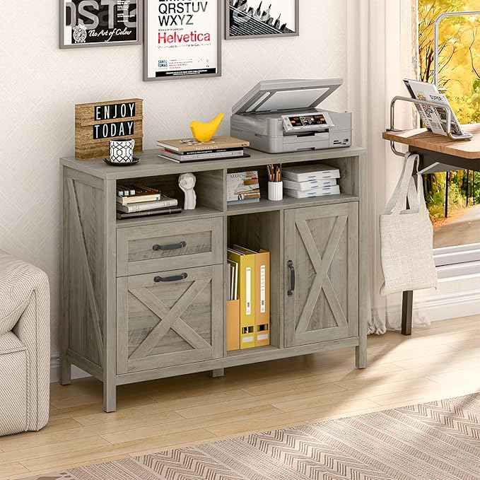 Vabches Lateral File Cabinet, Farmhouse 2 Drawer File Cabinet with Open Storage Shelf for Letter/Legal/A4 Size Hanging Files, Large Wood Storage Cabinets Printer Stand for Home Office, Rustic Grey