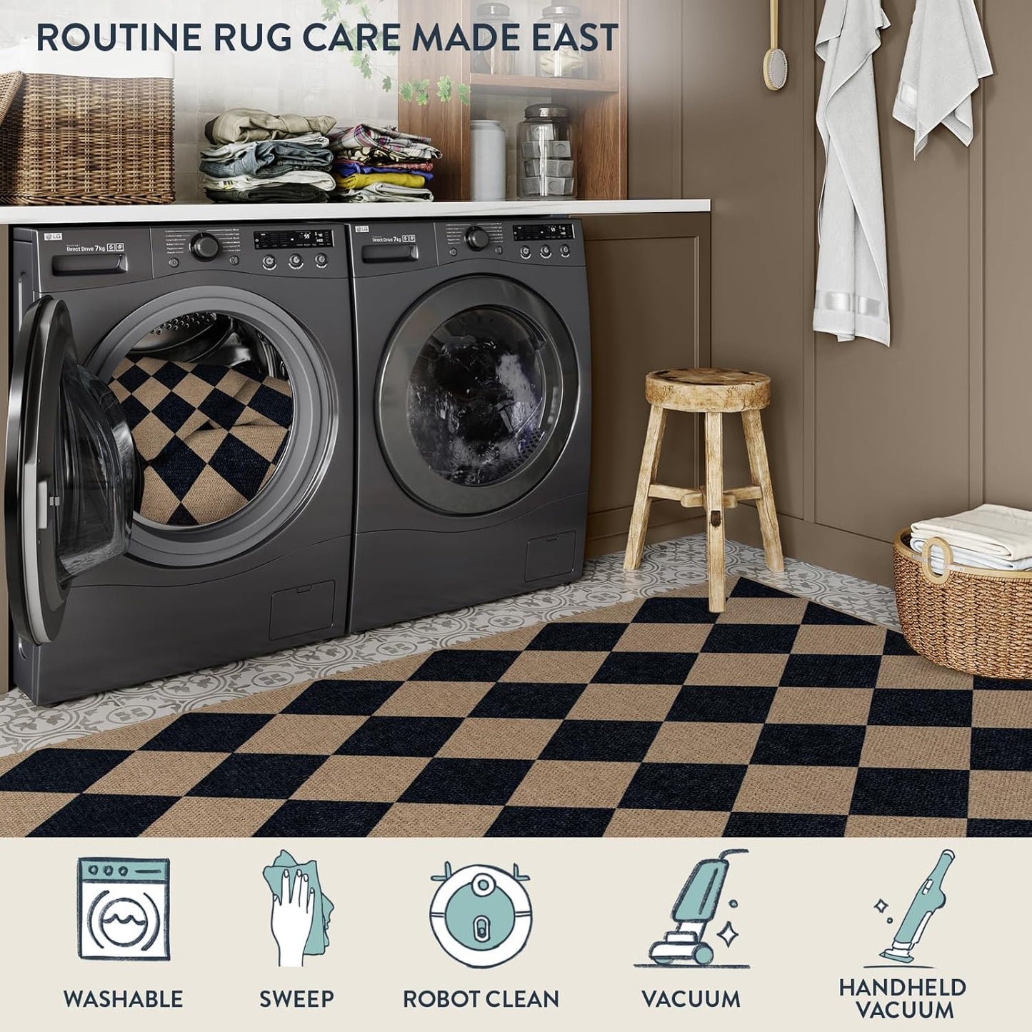 Lahome Checkered Easy Jute Outdoor Rug, 5x7 Area Rugs for Living Room Nature Large Dining Room Carpet, Farmhouse Outdoor Patio Non Slip Diamond Carpet for Home Office Bedroom Backyard Deck