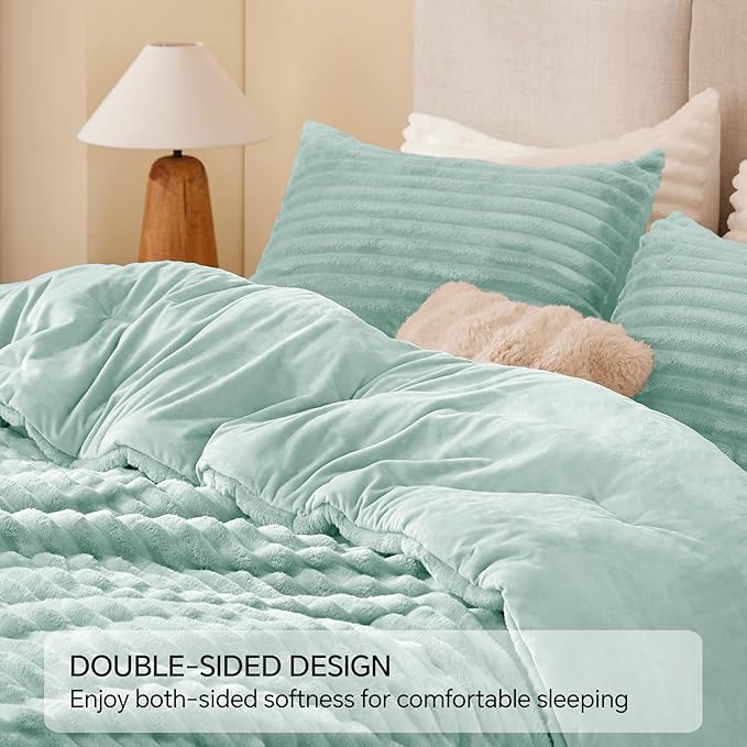BEDELITE Fleece Twin Comforter Set -Super Soft & Warm Fluffy Light Green Bedding, Luxury Fuzzy Heavy Bed Set for Winter with 1 Pillow case