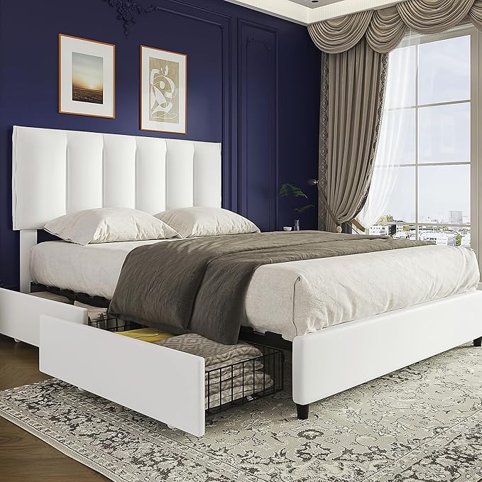 VECELO Full Size Bed Frame with 4 Storage Drawers, Adjustable Height Headboard, Heavy-Duty Platform Bedframe with Strong Wooden Slats, No Box Spring Needed, Pure White