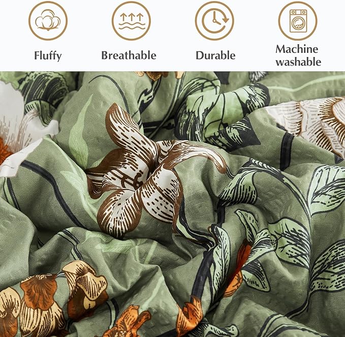 CASAAGUSTO Full Size Comforter Sets-7 Pieces Green Floral Bedding Sets, Bed in a Bag Full with Botanical Butterfly Comforter, Sheets, Pillowcases & Shams for All Seasons