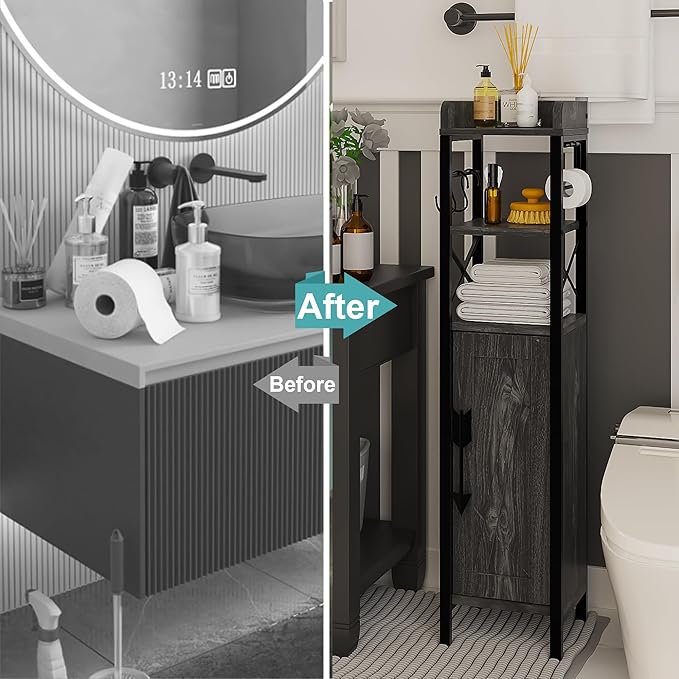 VECELO Small Bathroom Cabinet,Slim Toilet Paper Holder with Door&2 Shelves, Upgraded Narrow Storage Organizer for Restroom Bathroom Tiny Space,Metal Scroll Fenced Top Waterproof Coating,Black