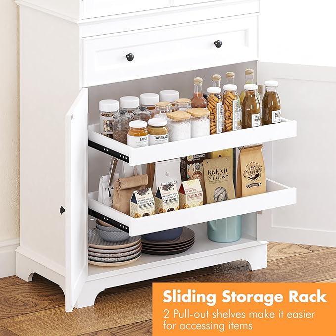 Spirich 71'' Tall Kitchen Pantry Cabinet, Wood Food Pantry Cabinet with Drawers and Wine Glass Rack, Freestanding Storage Cabinet for Kitchen, Living Room, Dining Room, White