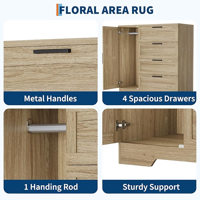 GarveeHome Wood Armoire Wardrobe Closet with 4 Drawers and Door, 43.3 in H Bedroom Wardrobe Cabinet with Hanging Rod, Clothing Storage Cabinets, 4 Drawers Dresser with Storage Closet, Natural Oak