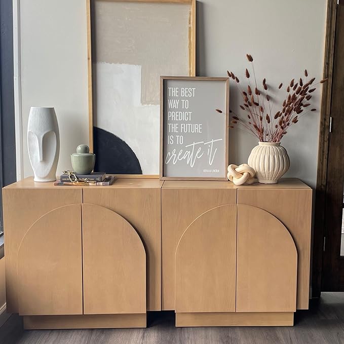 Nathan James Iris Mid-Century Modern Credenza, Brown Sideboard Buffet, Living Room Wood Storage Cabinet with Arched Cabinet Doors, Raw Oak