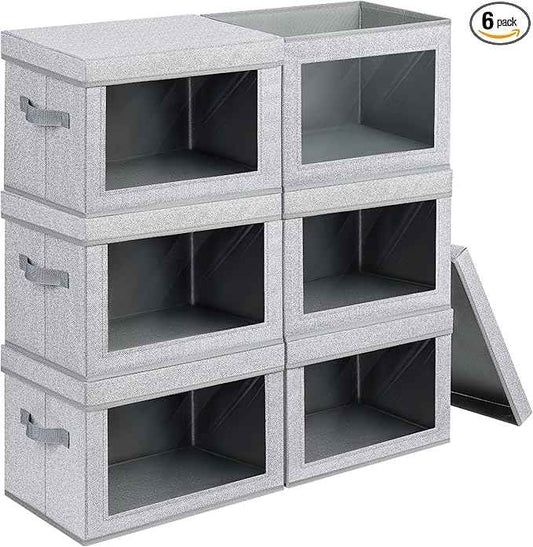 Stackable Storage Bins with Lids - Medium Storage Box with Lids, Foldable Storage Bins, Wardrobe Clothes Organizer with Window, Cubes Storage Bins for Living Room, 6 Pack, Blended