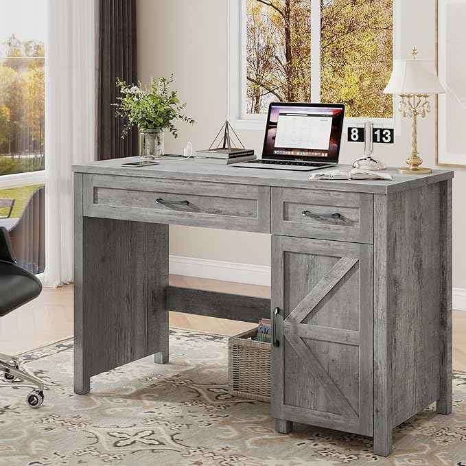 Vabches Farmhouse 47" Executive Desk, Computer Desk with Drawers and Storage Cabinet, Workstation Computer Desk for Home Office and Study.(Grey)