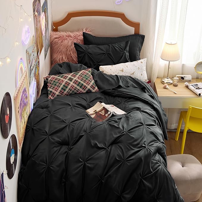 Bedsure Twin Comforter Set Black - Bed in a Bag Twin Size Bedding 5 Pieces, GentleSoft™ Pintuck Bed Set Gift for Family, Pinch Pleat Black Comforter with Sheets, Pillowcase & Sham