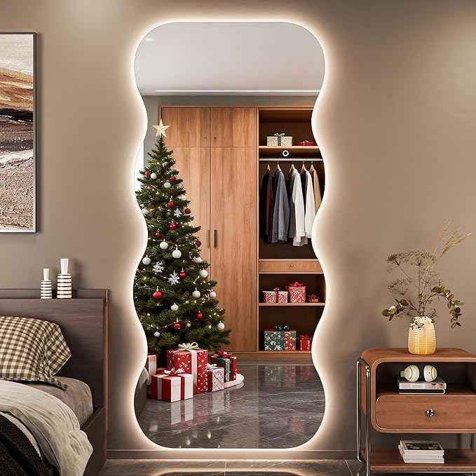 Hasipu Wavy Full Length Mirror with Lights - 71"×31" LED Wavy Floor Mirror, Frameless, Dimmable, Standing or Vertical/Horizontal Wall-Mounted Mirror for Bedroom, Living Room, Cloakroom