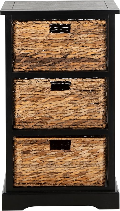 SAFAVIEH Home Collection – Halle Distressed Black Storage Side Table with Wicker Baskets, Farmhouse Accent Storage, Fully Assembled (AMH5738A)