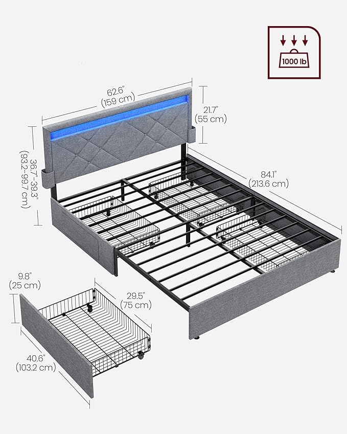 VASAGLE LED Bed Frame Queen Size, Queen Bed with Headboard and 4 Drawers, 1 USB Port and 1 Type C Port, Adjustable Upholstered Headboard 36.7/39.3 Inches, No Box Spring Needed, Light Gray URMB821G01