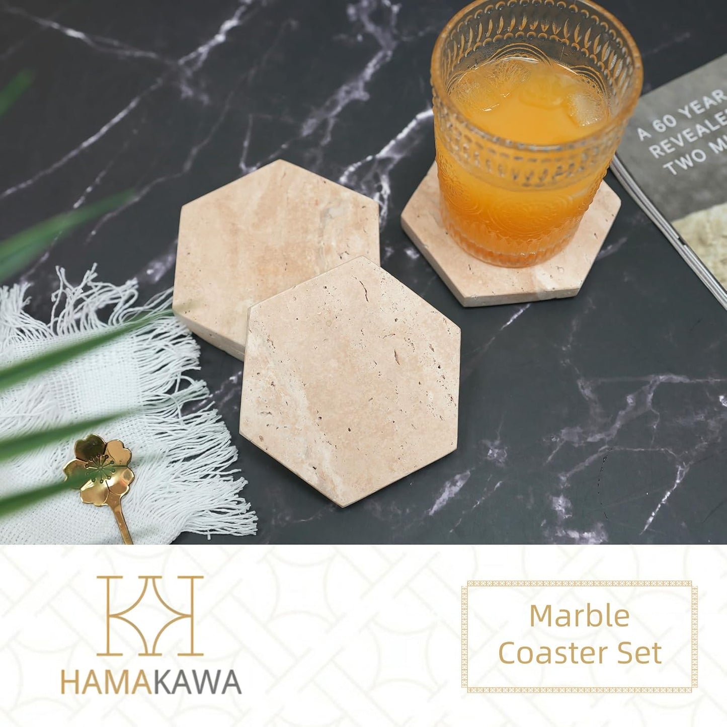 Real Natural Marble Coasters Set of 4, Vintage Stone Coasters 4 Inch, Hexagon Travertine Drink Coaster for Coffee Table, Living Room, Office Decor