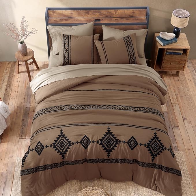 MaiRêve California King Comforter Set Brown, Embroidery Western Bedding Set Boho 7 Pieces, Farmhouse All-Season Bed in A Bag with Sheets, Pillowcases & Shams