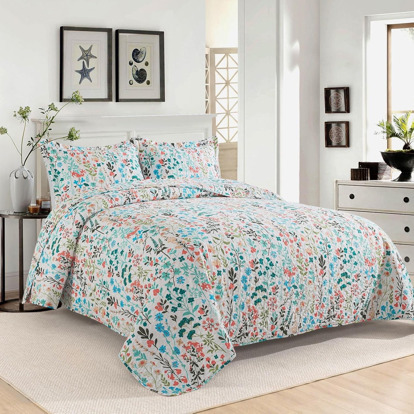VAPUTAR King Size Quilt-3 Pieces Botanical Bedspread King Size (98 x 106 inch), Lightweight Coverlet Set with Garden Style Floral Pattern,Oversized Quilted Bedding Set with Shams for All Season