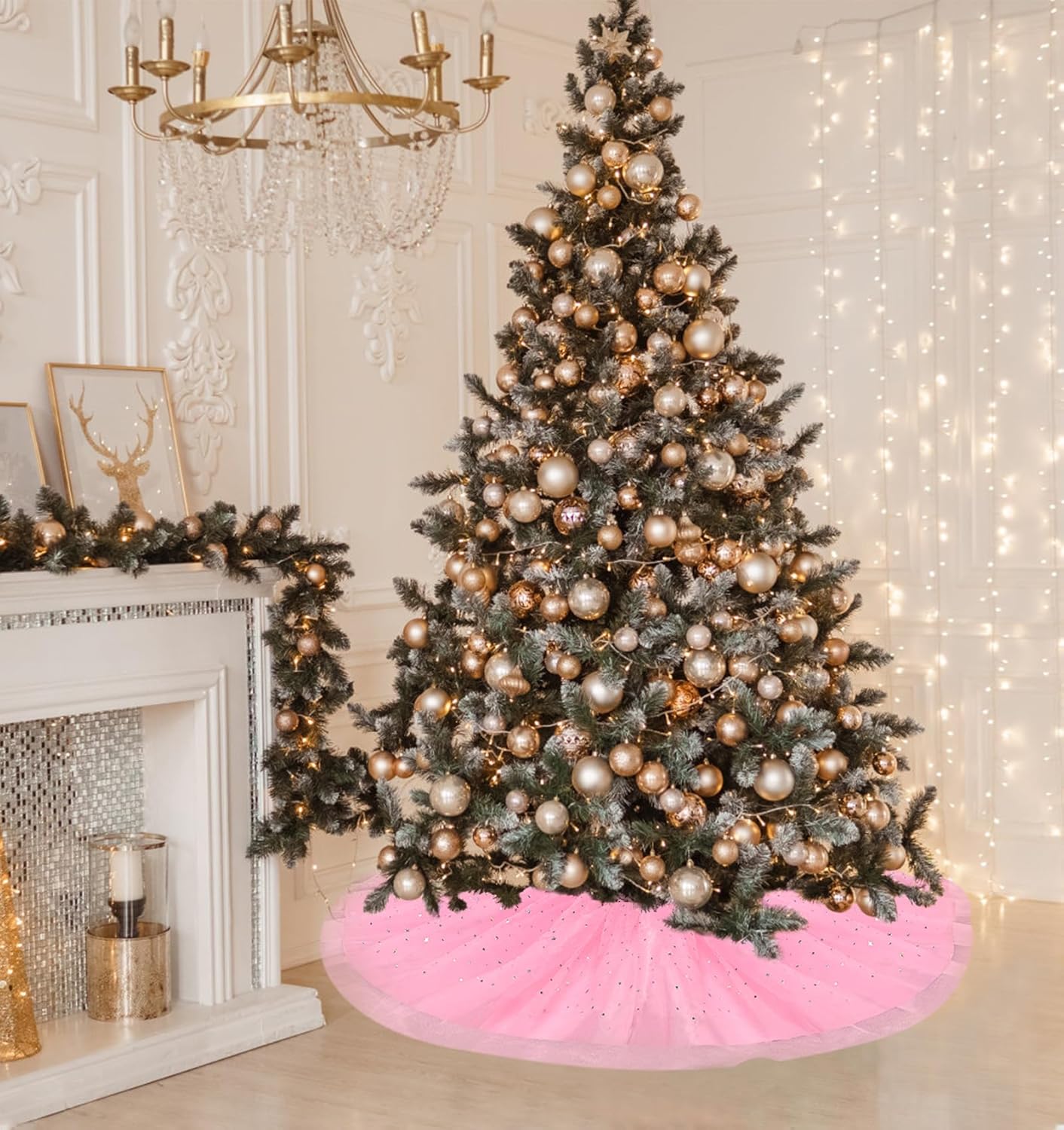 Christmas Wedding Tree Skirt,45 inch 4-Layer Fluffy Romantic Pleated Sparkly Skirt Decoration Xmas Tree Ornament for Holiday and Party(Pink)