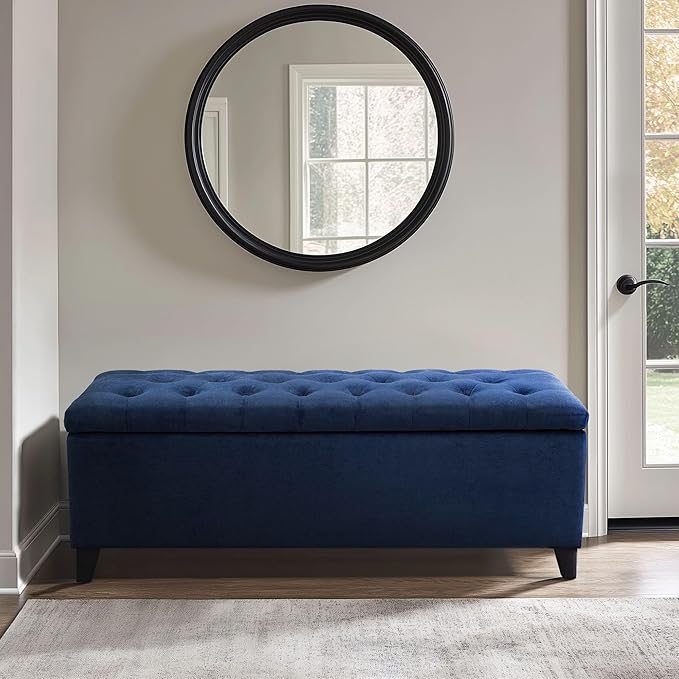 Madison Park Entryway Accent Bench for Living Room Flip Top Storage Chest, Shandra Tufted Top Upholstered Storage Bench End of Bed for Bedroom Furniture, Indoor Seating, 49"Wide, Navy