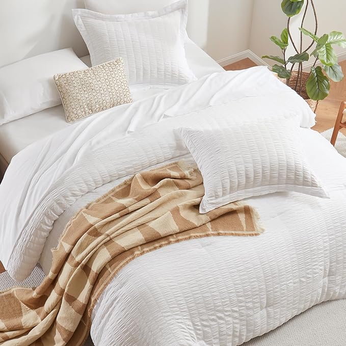 CozyLux California King Comforter Set with Sheets 7 Pieces, White Seersucker Bed in a Bag Cal King Luxury Soft Bedding Sets with Down Alternative Comforter, Sheets, Pillowcases & Shams for All Season