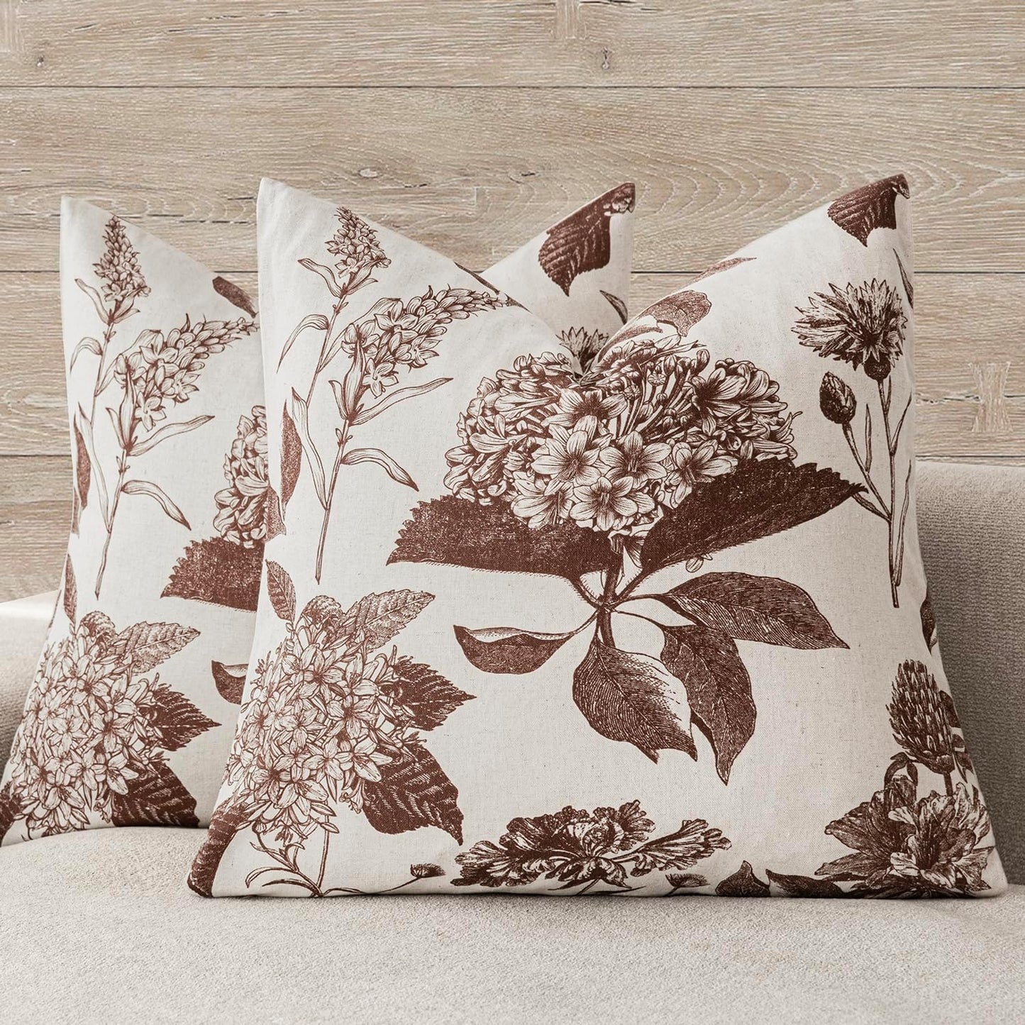 Foindtower Set of 2 Linen Floral Throw Pillow Covers Neutral Vintage Print Decorative Cushion Covers Farmhouse Boho Home Decor for Sofa Chair Couch Bedroom Living Room Outdoor,18×18 Inch,Dark Brown