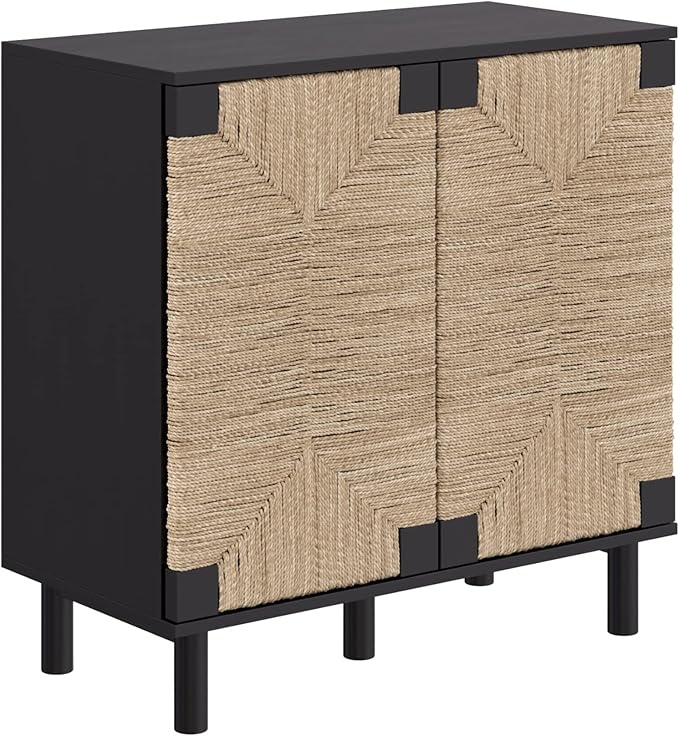 Nathan James Beacon Accent Natural Sideboard Storage Cabinet in Wire-Brushed Wood with Adjustable Interior Shelf and Seagrass Doors, for Hallway, Entryway or Dining Room, Black