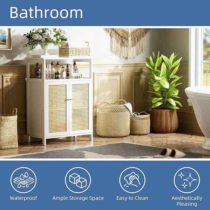 HITNET Bamboo Cabinet, Rattan Storage Cabinet with Doors, Freestanding Floor Cupboard for Bathroom, Living Room, Hallway, White