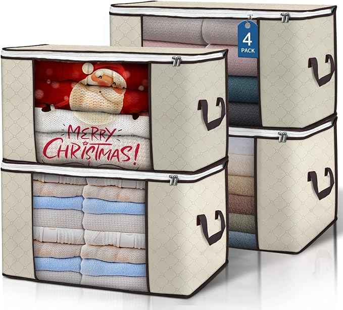 90 L Large Storage Bags, 4 Pack Clothes Storage Bins Foldable Closet Organizers Storage Containers with Reinforced Handle for Clothing, Blanket, Comforters, Bed Sheets, Pillows and Toys (Beige)