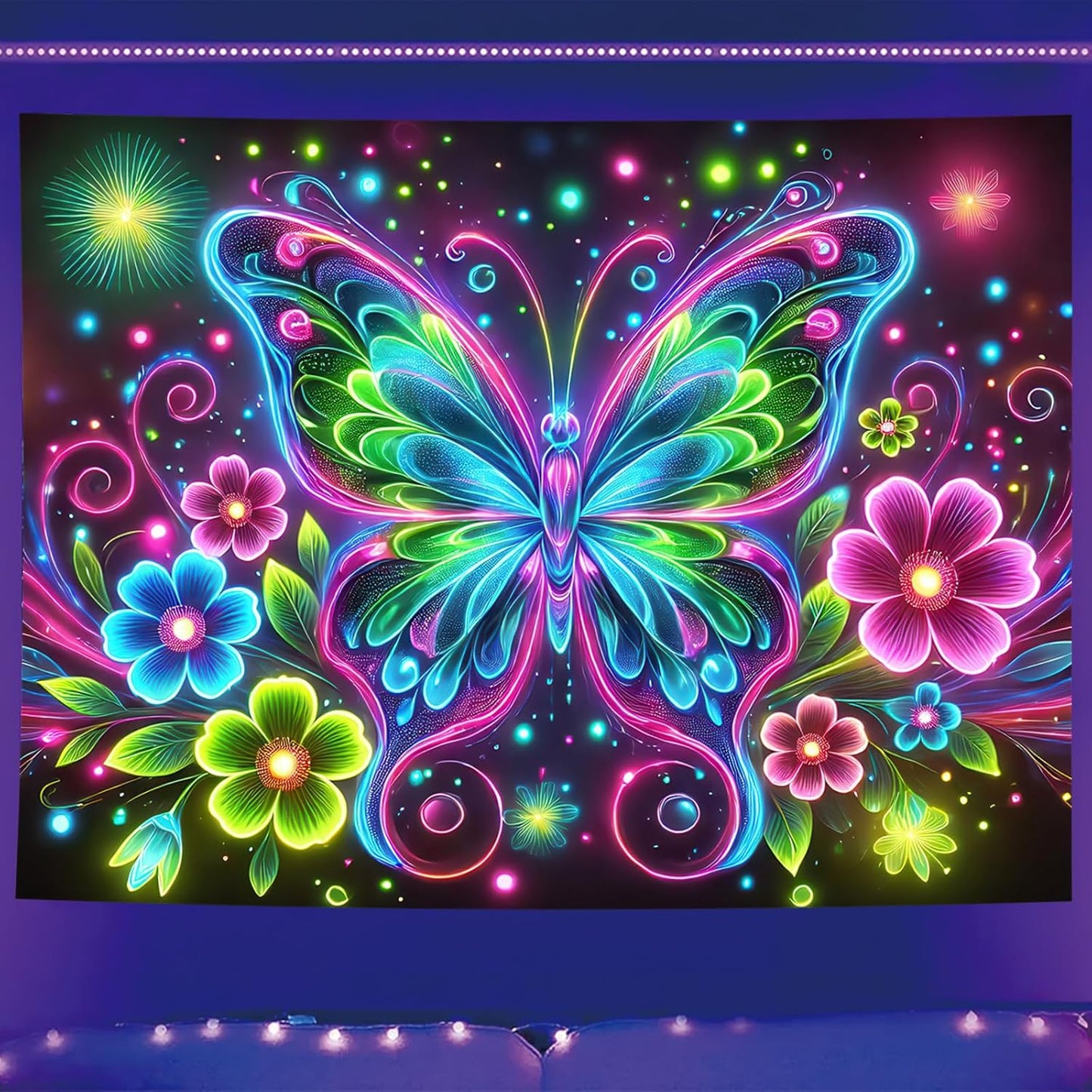 Starlit Patio Blacklight Butterfly Tapestry UV Reactive Glow in The Dark Wall Hanging Trippy Neon Floral Tapestry Poster Landscape Backdrop for Bedroom Living Room Dorm Aesthetic Decor 78 x 59 Inches