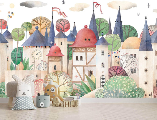 AFZEVEB-Cartoon Watercolor House Nursery Wallpaper Wall murals for Kids Room 159"x107" (Not Peel and Stick)