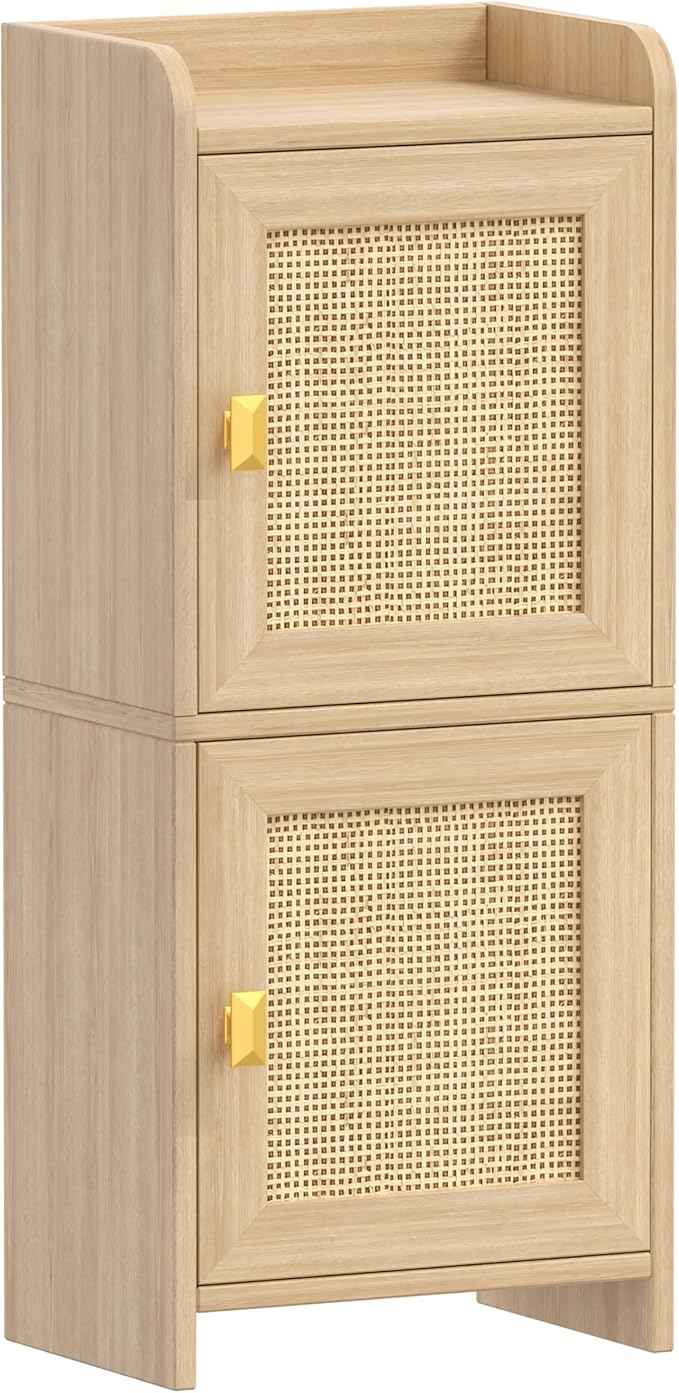 Rattan Small Bathroom Cabinet with 2 Doors, 7.9''D x 11.8''W Narrow Toilet Paper Storage Cabinet, Bathroom Organizer for Small Space, Wooden Slim Corner Unit with Adjustable Shelf, Natural Oak