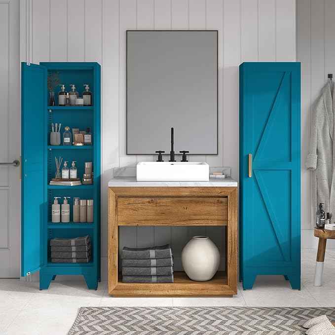 COFaR Tall Bathroom Cabinet, Metal Farmhouse Narrow Slim Storage Cabinet with Adjustable Shelves Barn Door for Bathrooms, Kitchens, Entrances Living Room (Blue)