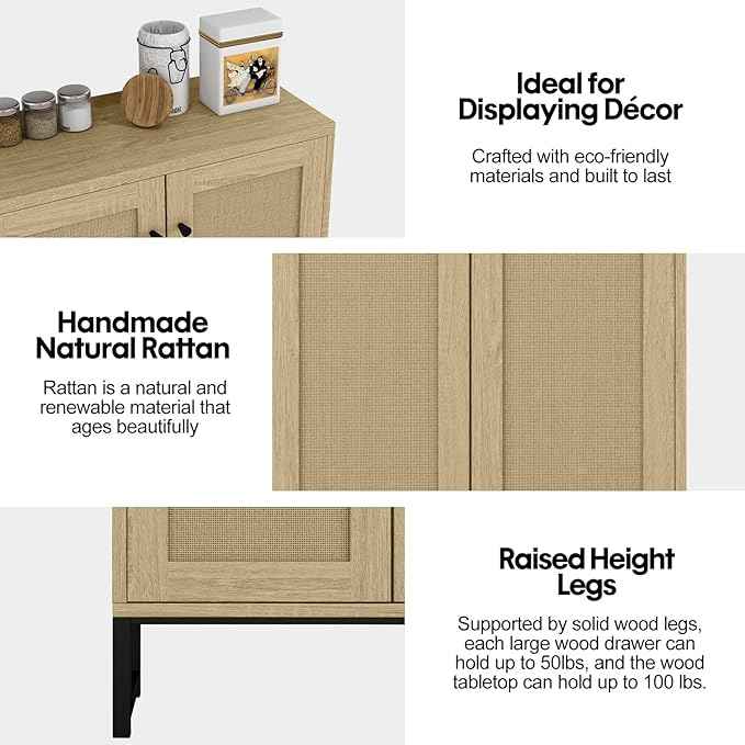 Panana Rattan Decorated 2 Doors Storage Cabinet Accent Cabinet Living Room Cupboard Kitchen Sideboard Buffet Table (Natural)