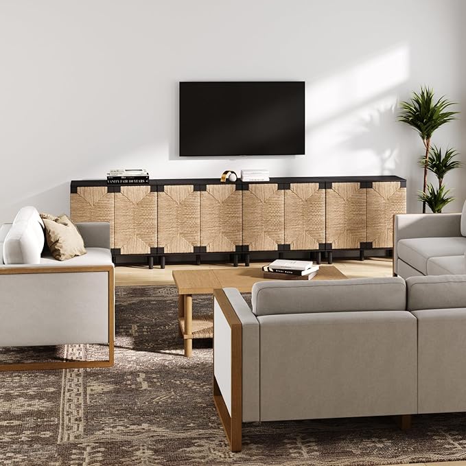 Nathan James Beacon Accent Natural Sideboard Storage Cabinet TV Stand in Wire-Brushed Wood with Adjustable Interior Shelf and Seagrass Doors, for Hallway, Entryway or Dining Room, Black, Set of 4
