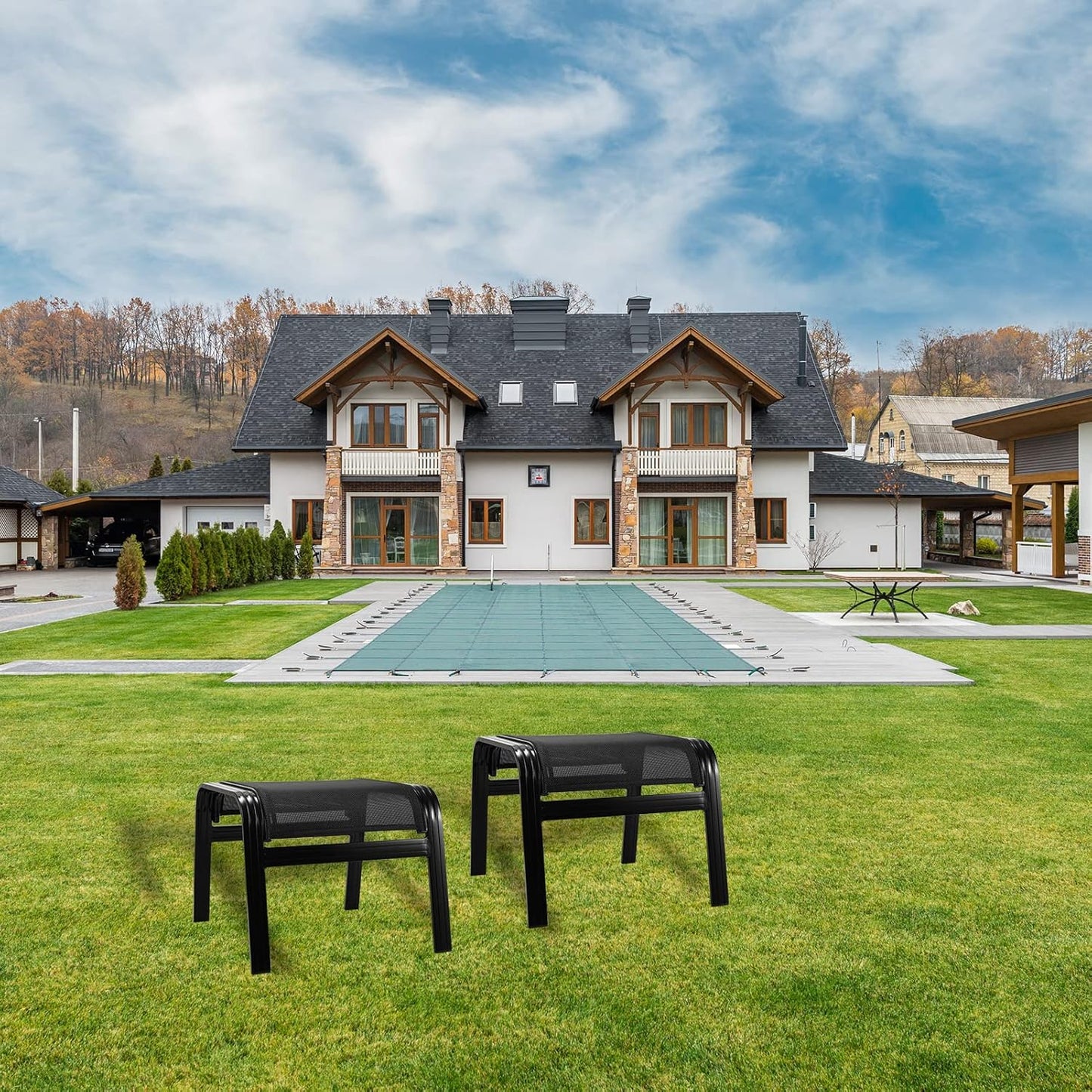 Patio Footstools Outdoor Foot Rest Aluminum Patio Ottomans Portable Seat Wicker Furniture Stackable Ottoman 2 Pieces Black