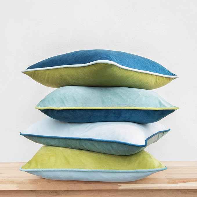 MONDAY MOOSE Decorative Throw Pillow Covers Cushion Cases, Set of 4 Soft Velvet Modern Double-Sided Designs, Mix and Match for Home Decor, Pillow Inserts Not Included (18x18 inch, Green/Blue)