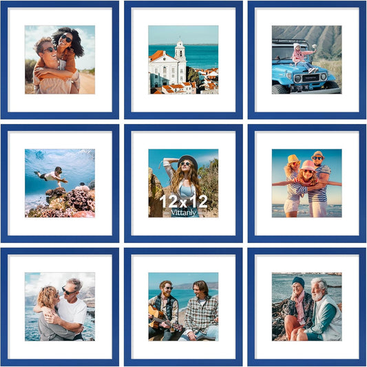 Vittanly 12x12 Picture Frame Set of 9 - Display 8x8 Photos with Mat or 12x12 Without Mat, Wall Mount Frames for Home Decor, Horizontal or Vertical (Blue)