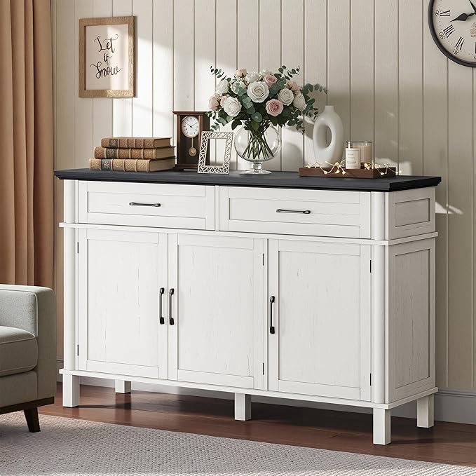 48 Inches Sideboard Buffet Cabinet with Storage, Farmhouse Sideboard Buffet w/2 Drawers and 3 Doors, Kitchen Cabinet with Adjustable Shelf, Wood Console Table for Living Room, Hallway, Off White&Black