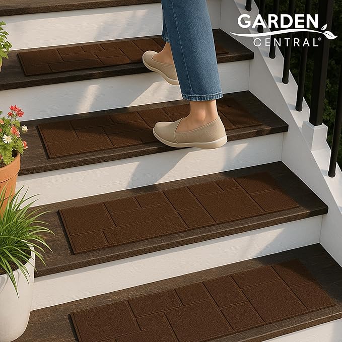 Garden Central 4-Pack 24”x10” Fake Cobblestone Rubber Stair Treads, Rectangular, Brown – Reversible Non-Slip Faux Stepping Stones for Landscaping Pathways – DIY Decor for Indoor & Outdoor Steps