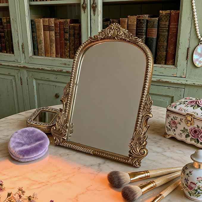 Baroque Champagne Gold Vintage Vanity Mirror 13x10 Inch, Wall-Mounted & Tabletop Dual-Use, Ornate Gold Accent Retro Decorative Mirror for Bedroom Dresser, Bathroom, Living Room and Dorm