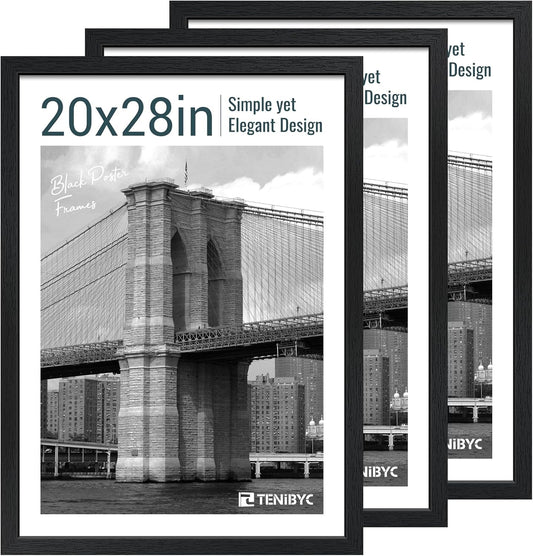 20x28 Picture Frame Set of 3 - Black Woodgrain, Solid Wood Gallery Poster Frame - Wall Hanging