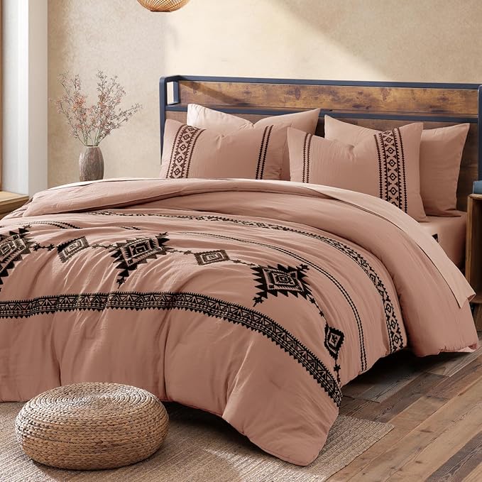 MaiRêve Embroidery Comforter Set, Boho Farmhouse Western Bedding Set, All Season Bed in A Bag Comforter Set with Sheets, Pillowcases & Shams, Dusty Pink King 7 Pieces