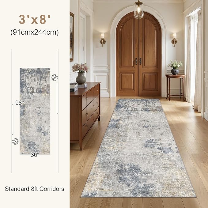 3X8 Washable Runner Rug for Hallway: Soft Neutral Modern Abstract Area Rug - Non-Slip Low Pile Long Throw Indoor Carpet for Kitchen Entryway Kitchen Bedroom Laundry Bathroom- Blue Grey