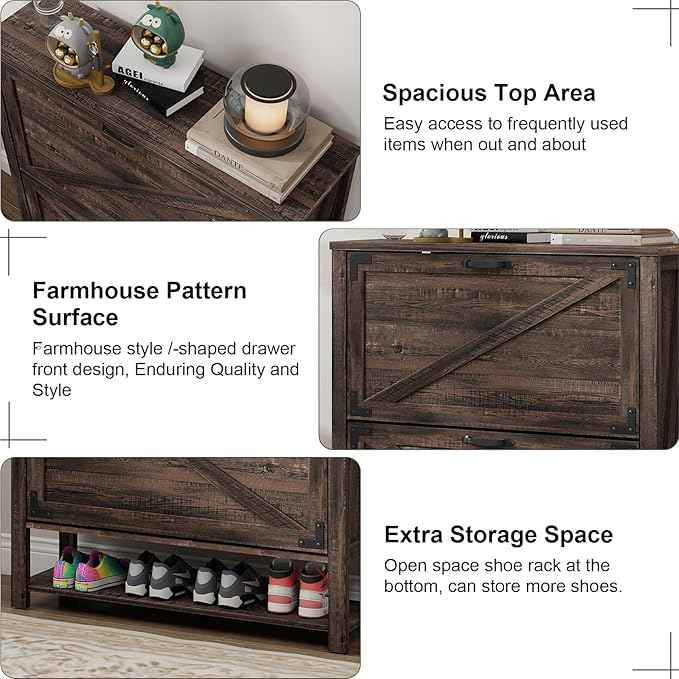 Vabches Shoe Storage Cabinet, 5-Tier Farmhouse Freestanding Organizer with 2 Flip Drawers, Wooden Shoes Rack Cabinets Storage Organizer with Doors for Entryway, Hallway, Closet, Dark Oak